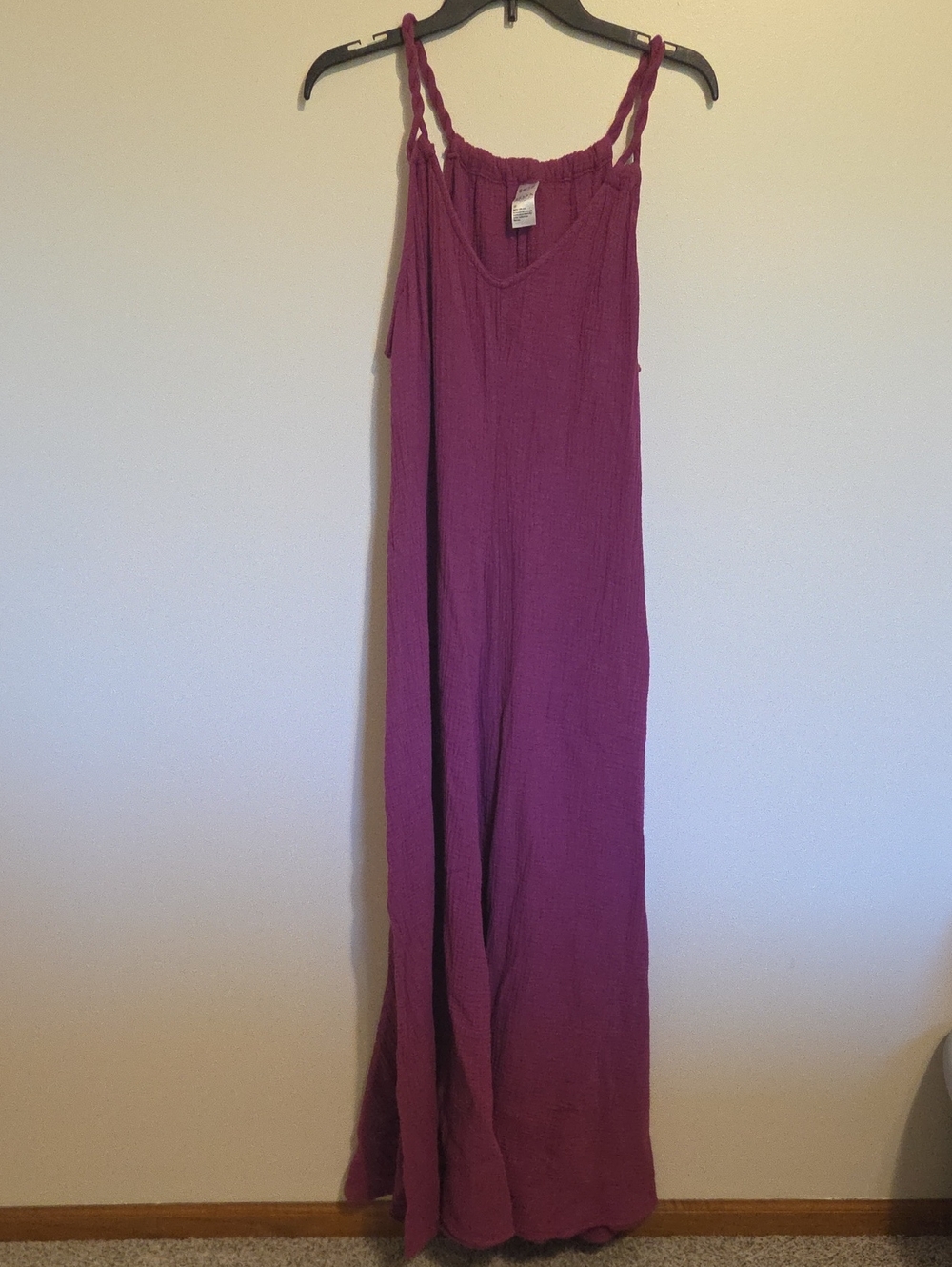 100% Cotton Sleeveless Braided-Strap Maxi Dress in Plum